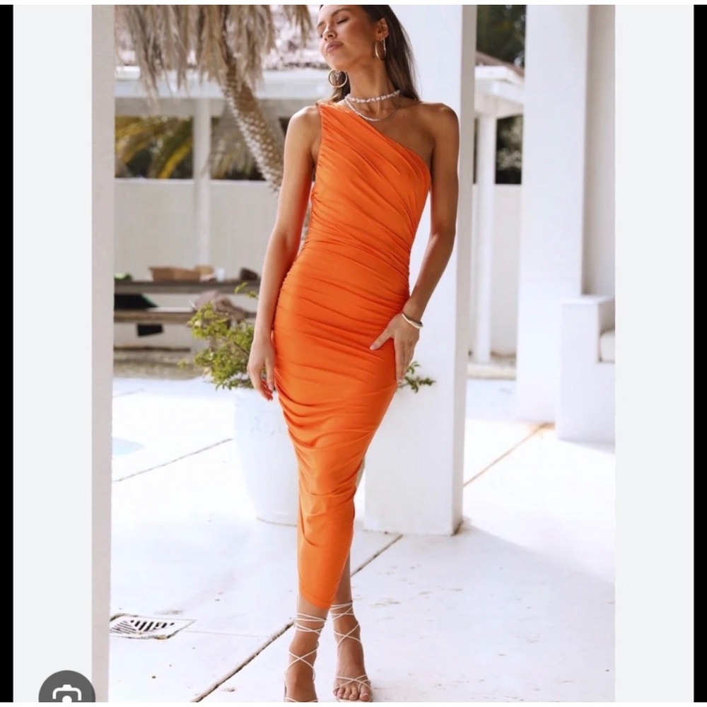 Endless Rose Womens One Shoulder Ruched Maxi Dress Orange Size Small